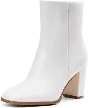 GENSHUO Square Toe Ankle Boots for Women 3.15 Inch High Block Heel Short Boots Fashion Side Zipper Booties Shoes