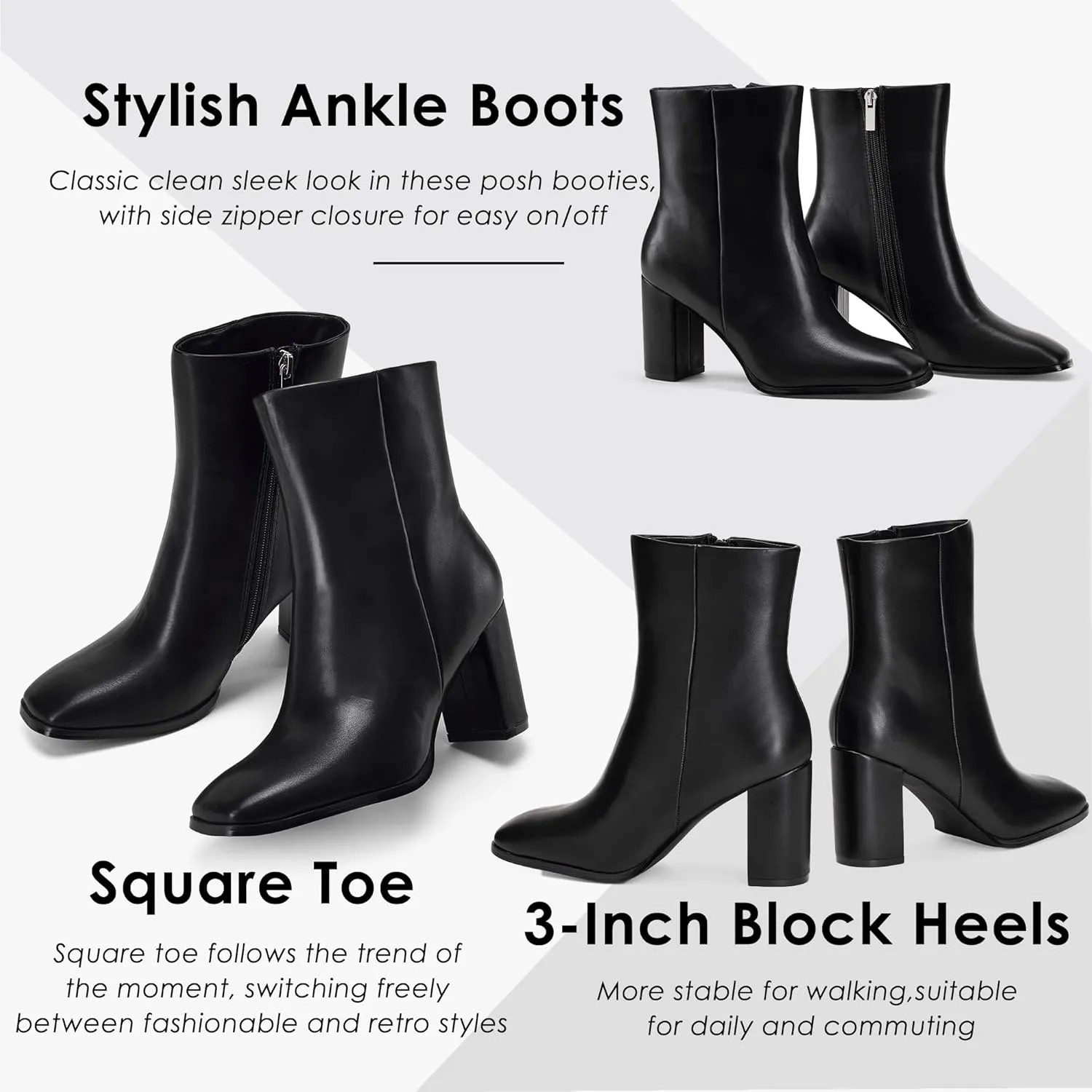 GENSHUO Square Toe Ankle Boots for Women 3.15 Inch High Block Heel Short Boots Fashion Side Zipper Booties Shoes
