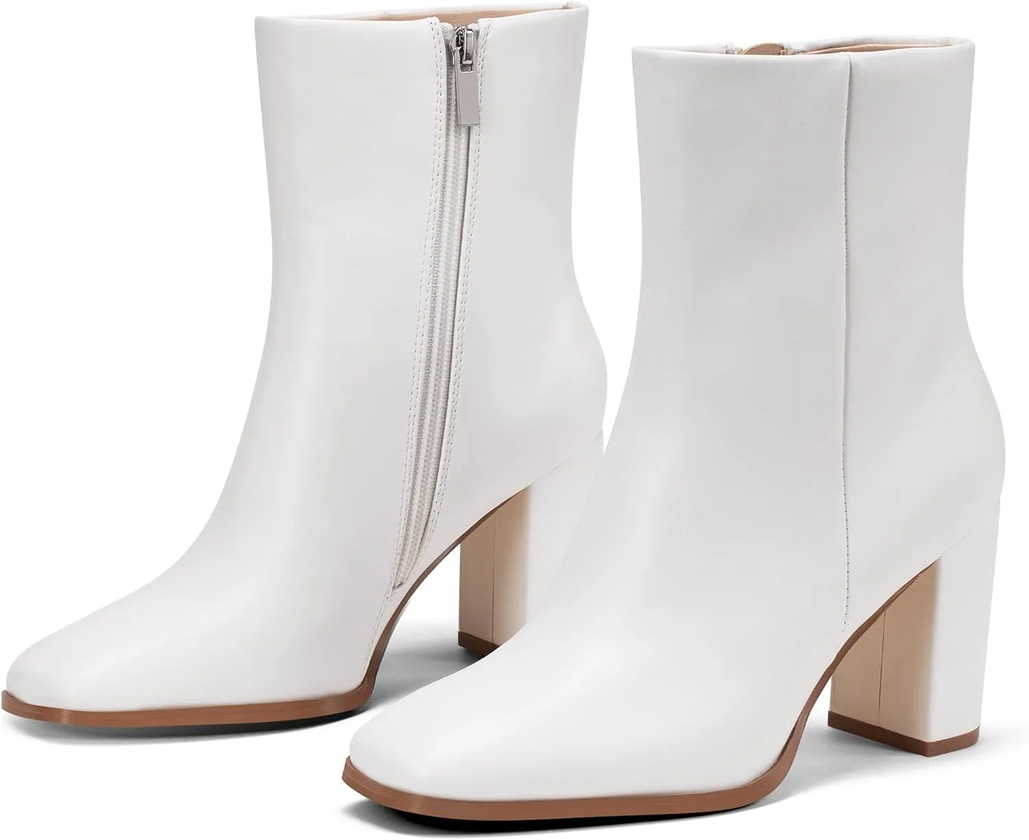 GENSHUO Square Toe Ankle Boots for Women 3.15 Inch High Block Heel Short Boots Fashion Side Zipper Booties Shoes