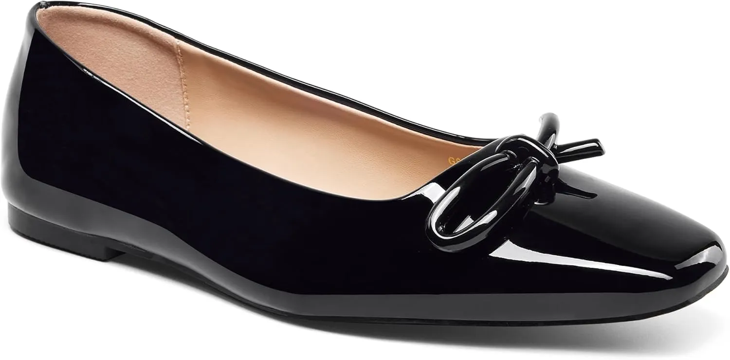 GENSHUO Women’s Square Toe Flats Metal Bow Slip On Ballet Flats Comfort Low Heel Shoes Classic and Chic