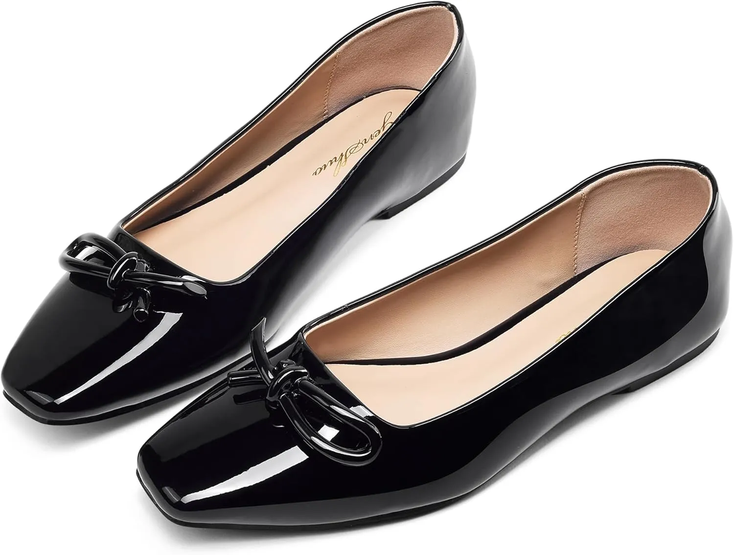 GENSHUO Women’s Square Toe Flats Metal Bow Slip On Ballet Flats Comfort Low Heel Shoes Classic and Chic