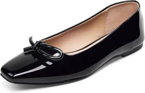 GENSHUO Women’s Square Toe Flats Metal Bow Slip On Ballet Flats Comfort Low Heel Shoes Classic and Chic