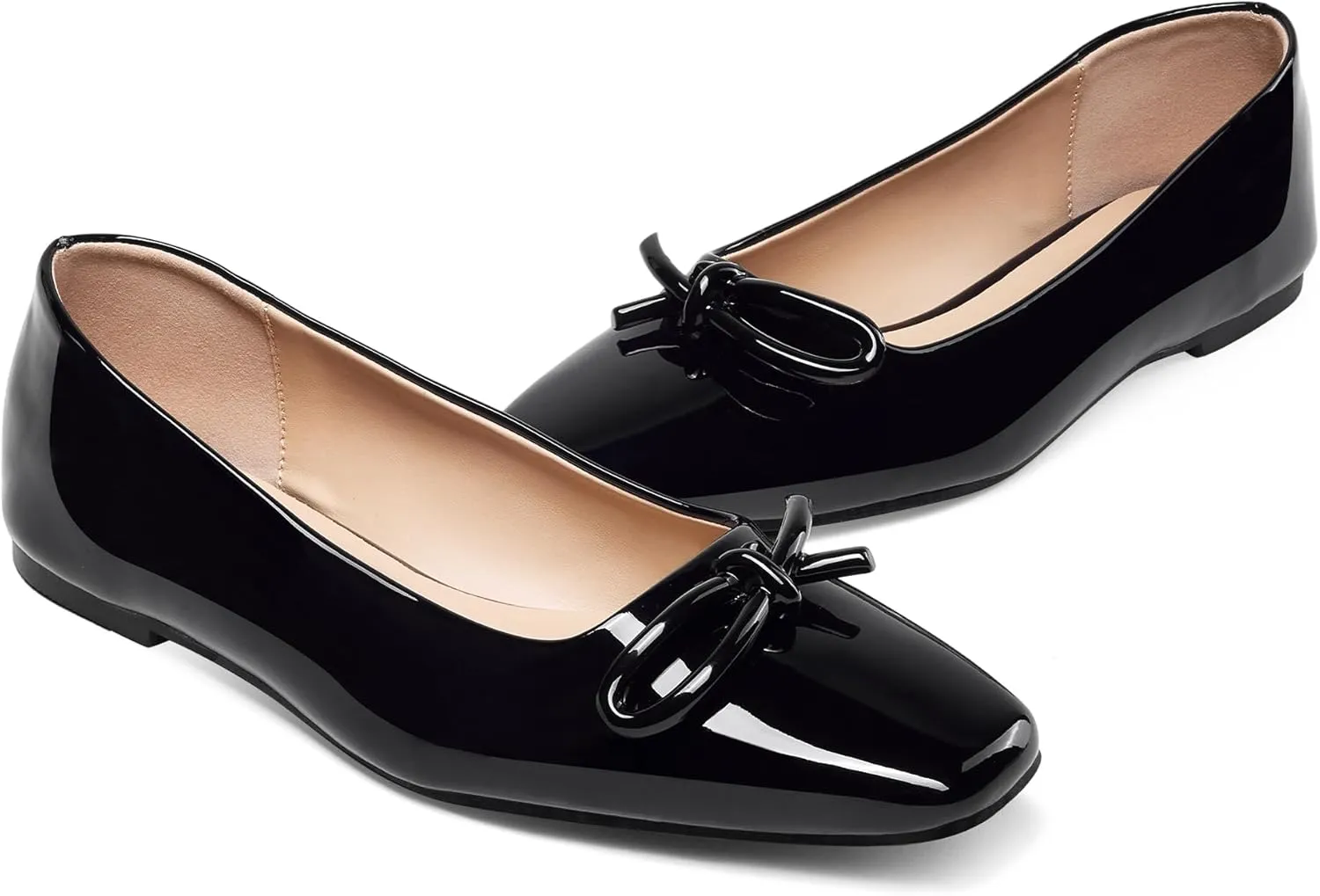 GENSHUO Women’s Square Toe Flats Metal Bow Slip On Ballet Flats Comfort Low Heel Shoes Classic and Chic