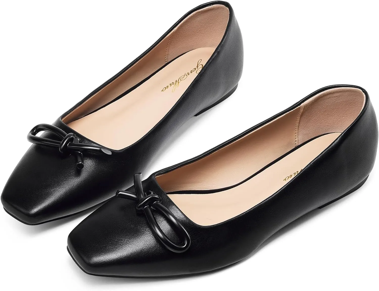 GENSHUO Women’s Square Toe Flats Metal Bow Slip On Ballet Flats Comfort Low Heel Shoes Classic and Chic