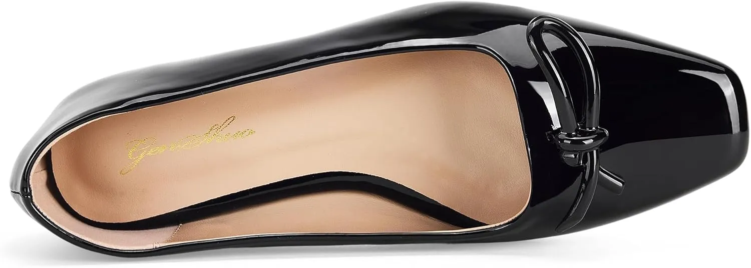 GENSHUO Women’s Square Toe Flats Metal Bow Slip On Ballet Flats Comfort Low Heel Shoes Classic and Chic