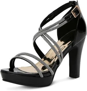 getmorebeauty Women's Block High Heels Criss Cross Rhinestone Strappy Sandals Open Toe Dressy Platform Sandals Shoes