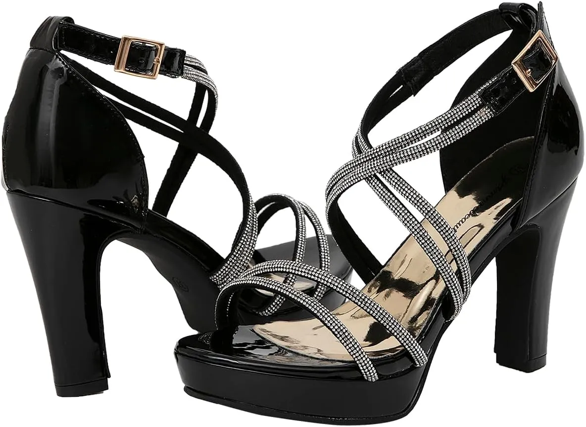 getmorebeauty Women's Block High Heels Criss Cross Rhinestone Strappy Sandals Open Toe Dressy Platform Sandals Shoes
