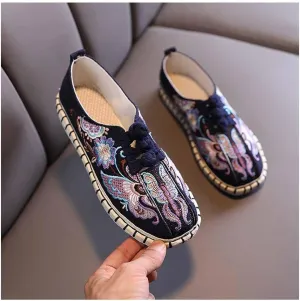 GHYUB Women's Traditional Ethnic Flats，Womens Comfortable Cotton Floral Print Flats Casual Driving Loafers Walking Shoes for Women (Color : Blue, Size : EUR39/40)