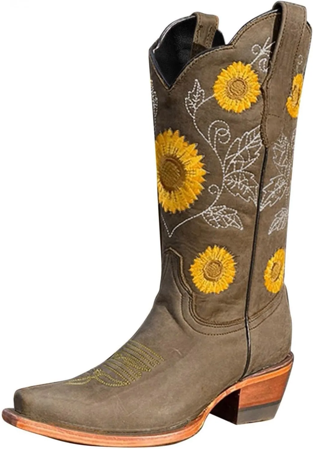 Gibobby Booties for Women Embroidered Boots Sunflower Printed Mid Calf Chunky Heel Boots Western Cowgirl Boots Cowboy Boots