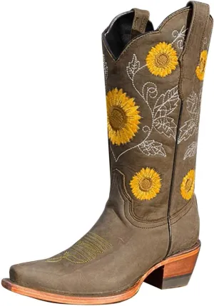 Gibobby Booties for Women Embroidered Boots Sunflower Printed Mid Calf Chunky Heel Boots Western Cowgirl Boots Cowboy Boots