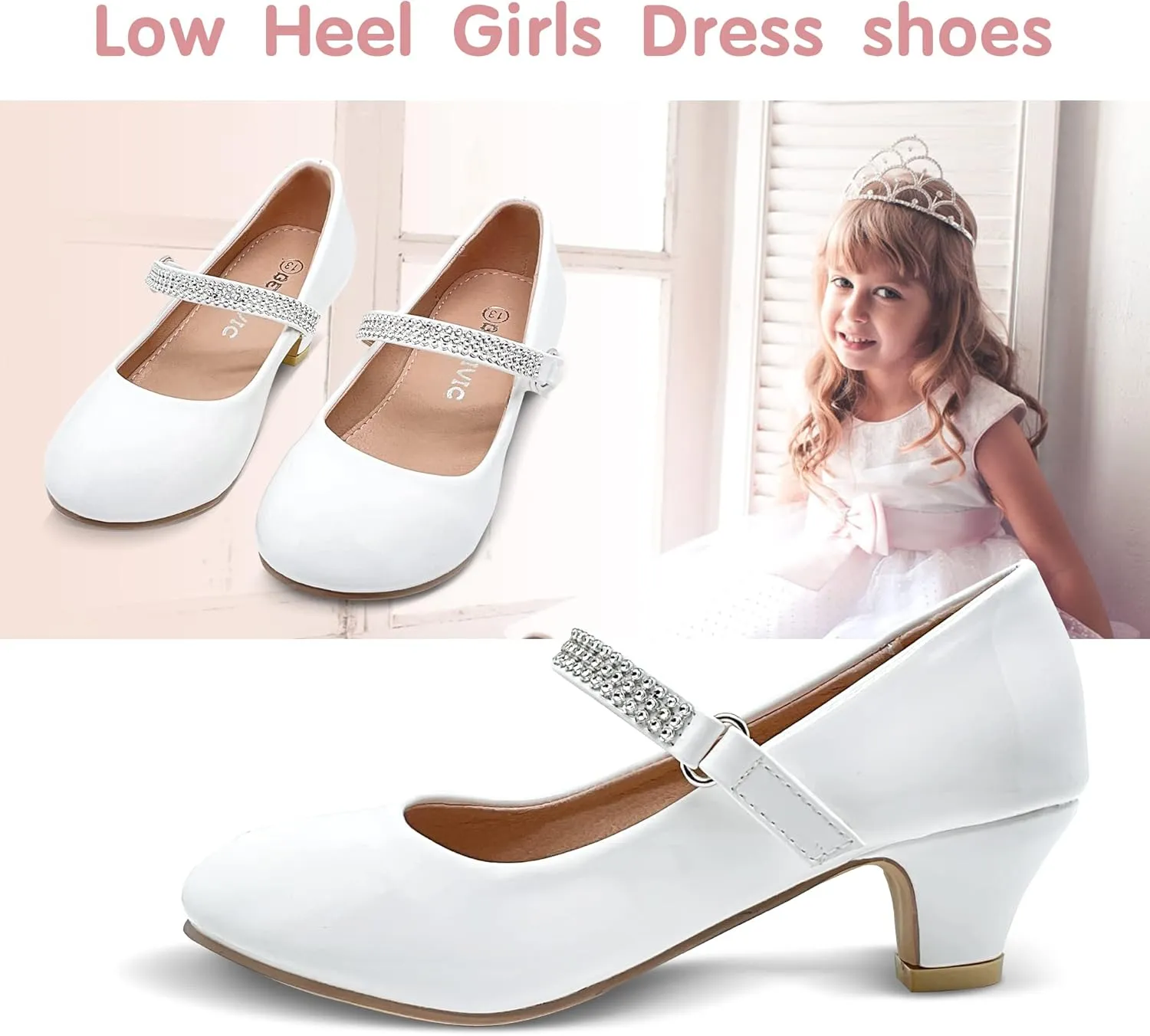 Girls Dress Shoes Mary Jane Shoes for Girls with Low Heel, Princess Flower Ballet Flats for Wedding School Party