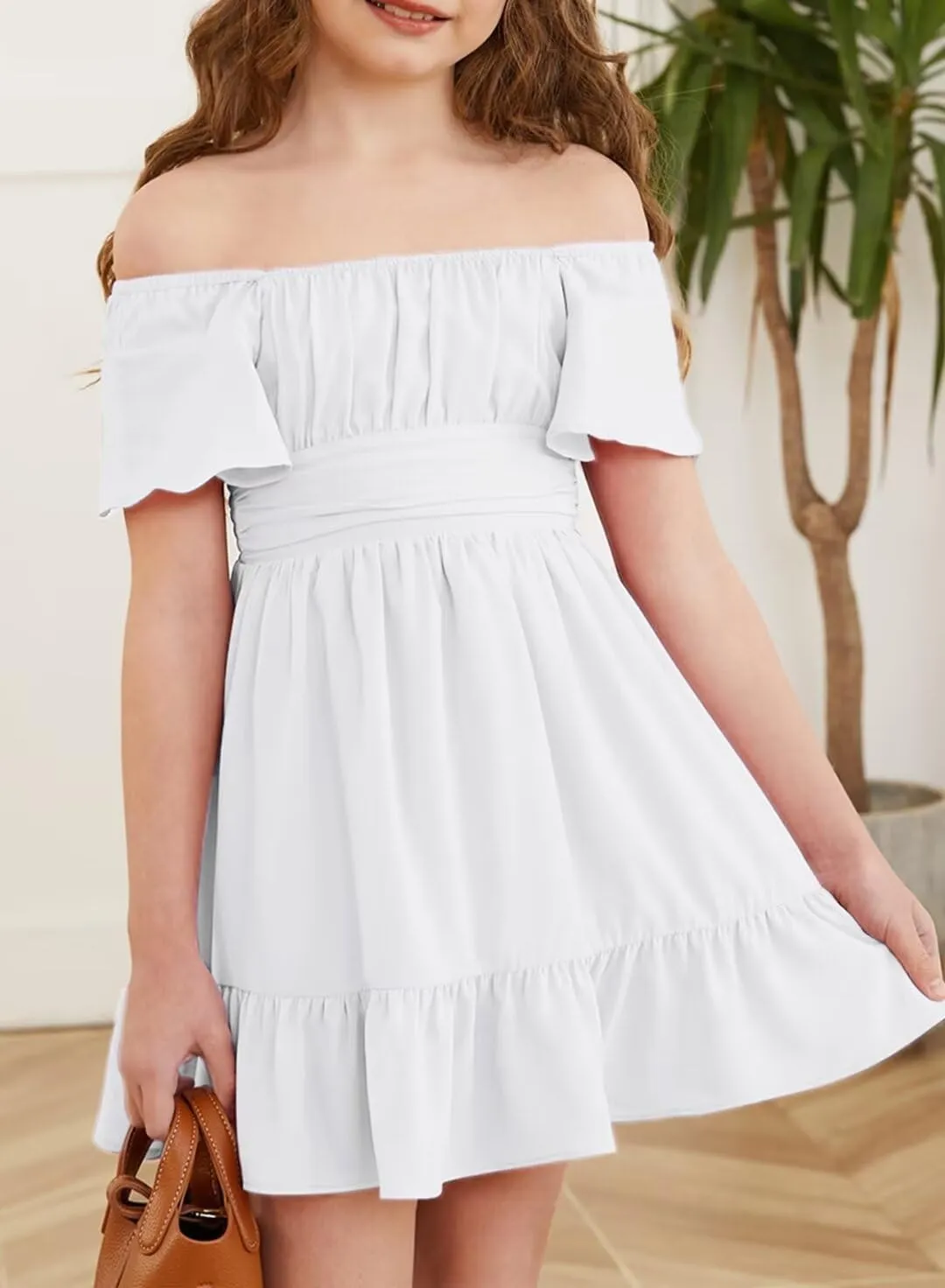 Girls Elegant Ruffle Short Sleeve Back Tie Dresses 6-13 Years Old