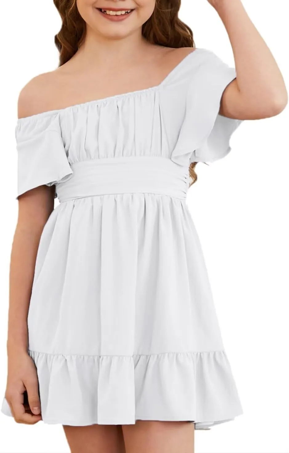 Girls Elegant Ruffle Short Sleeve Back Tie Dresses 6-13 Years Old