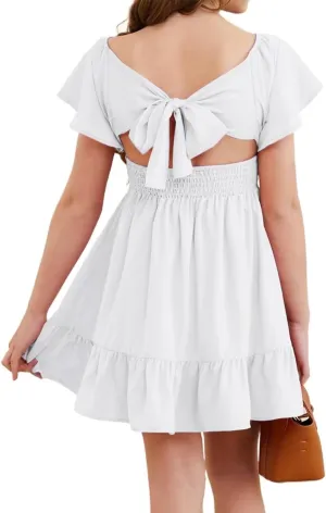 Girls Elegant Ruffle Short Sleeve Back Tie Dresses 6-13 Years Old