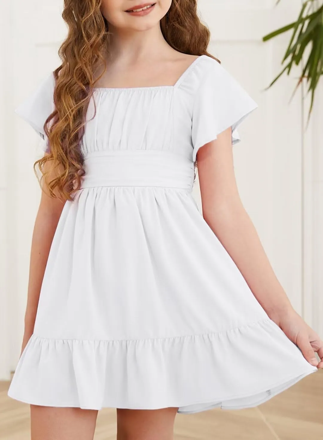 Girls Elegant Ruffle Short Sleeve Back Tie Dresses 6-13 Years Old