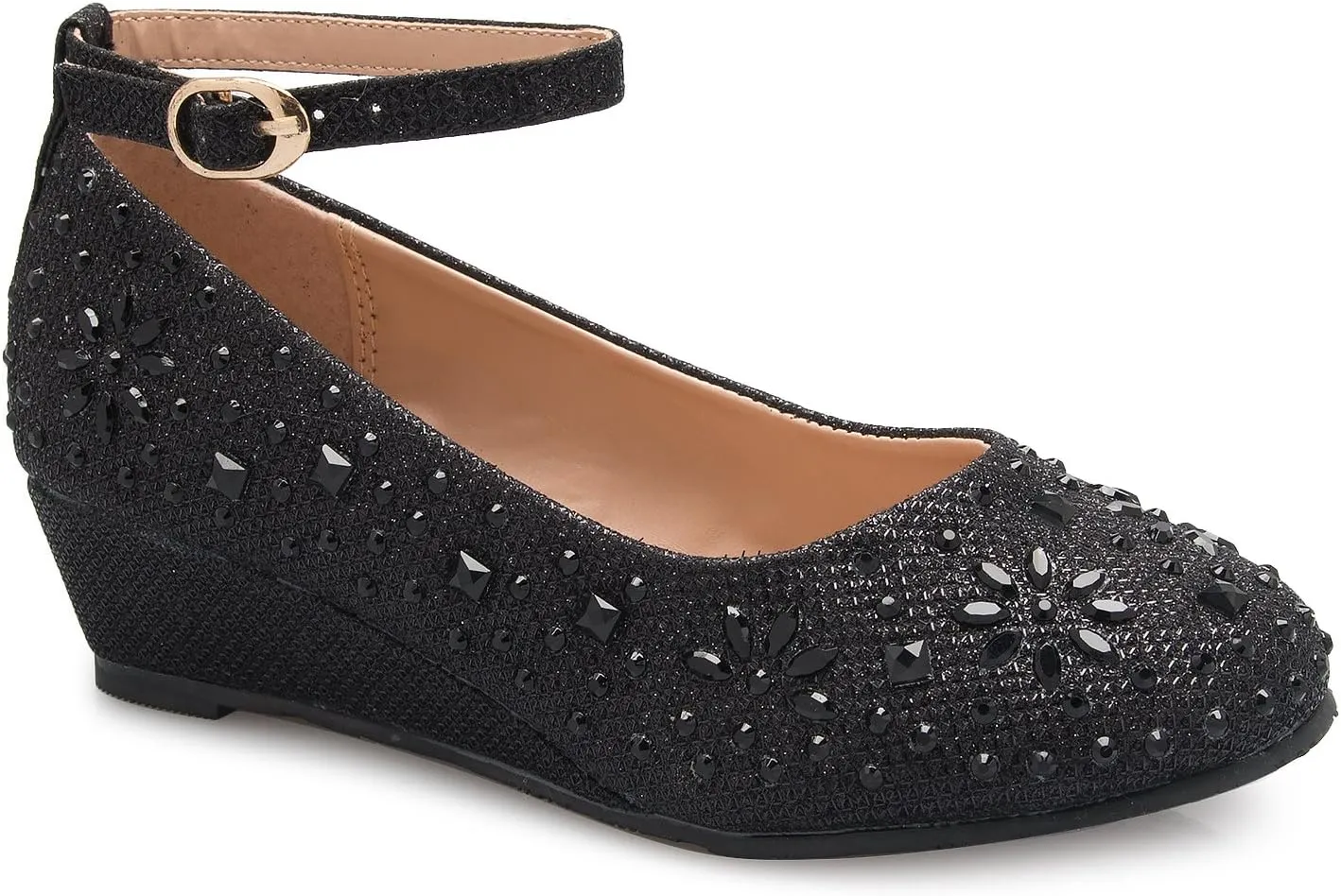 Girl's Low Wedge Heel Ankle Strap Sparkly Rhinestone Shoes (Toddler/Little Girl)