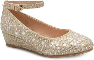 Girl's Low Wedge Heel Ankle Strap Sparkly Rhinestone Shoes (Toddler/Little Girl)