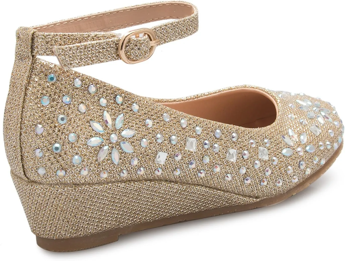 Girl's Low Wedge Heel Ankle Strap Sparkly Rhinestone Shoes (Toddler/Little Girl)