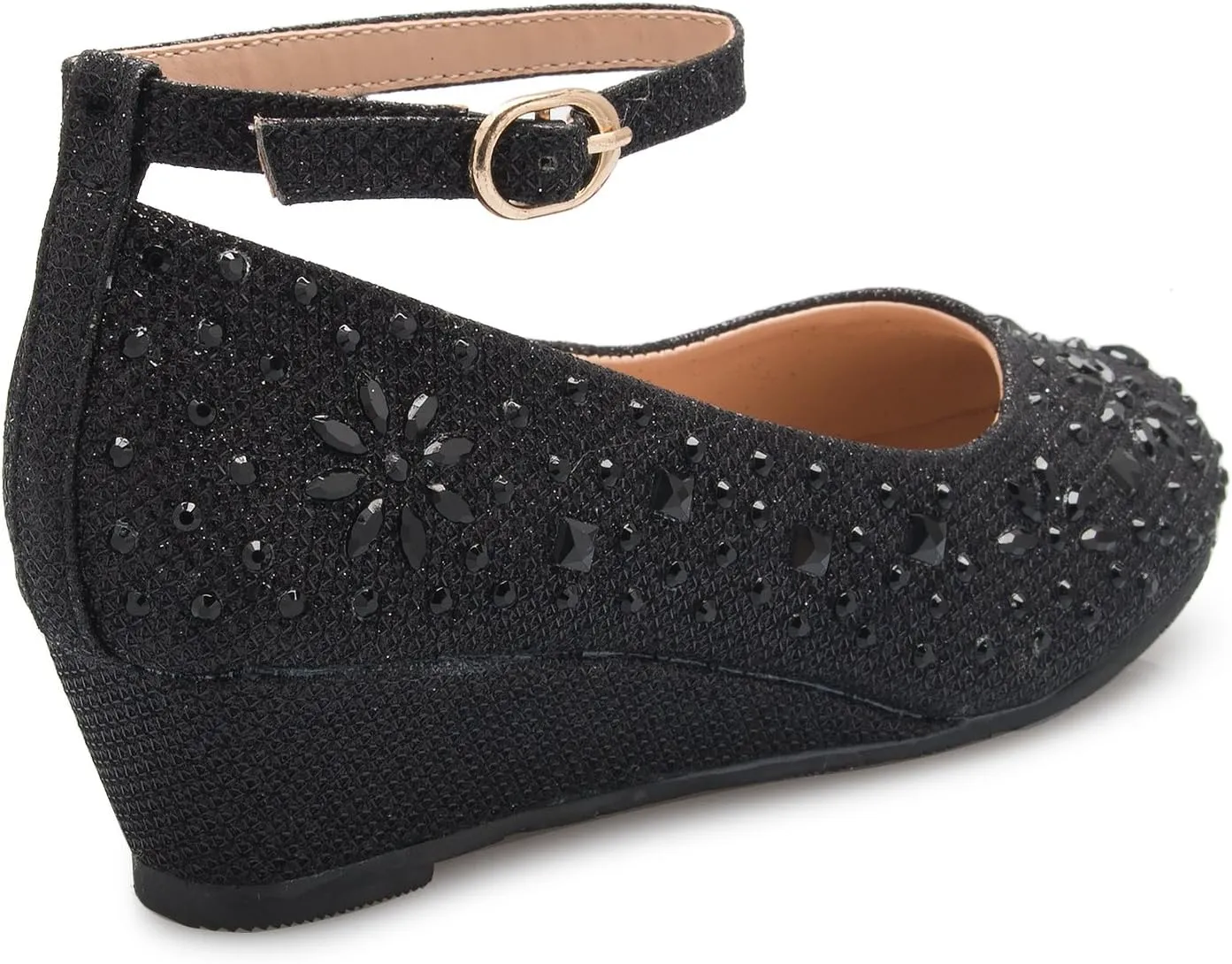Girl's Low Wedge Heel Ankle Strap Sparkly Rhinestone Shoes (Toddler/Little Girl)