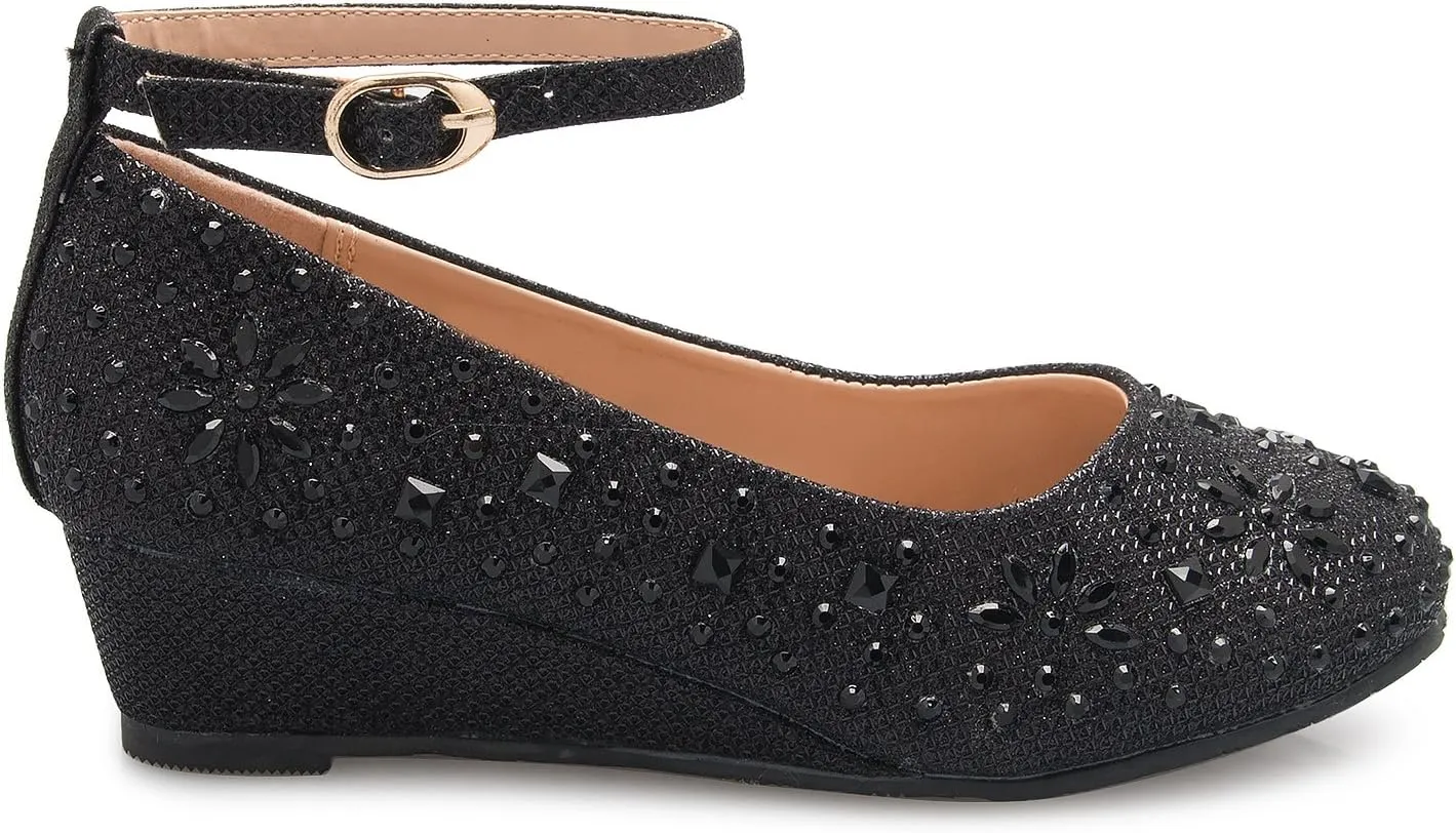 Girl's Low Wedge Heel Ankle Strap Sparkly Rhinestone Shoes (Toddler/Little Girl)