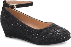 Girl's Low Wedge Heel Ankle Strap Sparkly Rhinestone Shoes (Toddler/Little Girl)