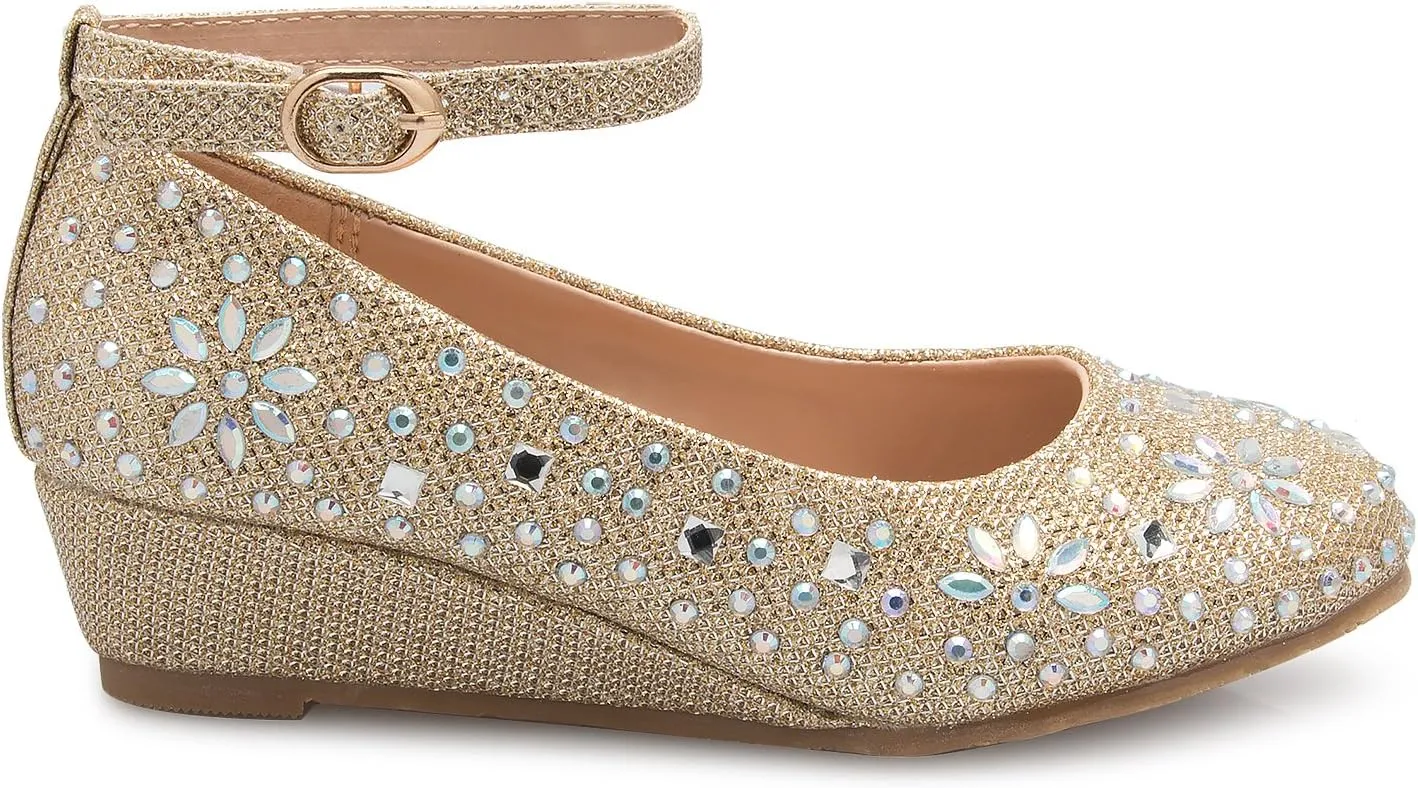 Girl's Low Wedge Heel Ankle Strap Sparkly Rhinestone Shoes (Toddler/Little Girl)