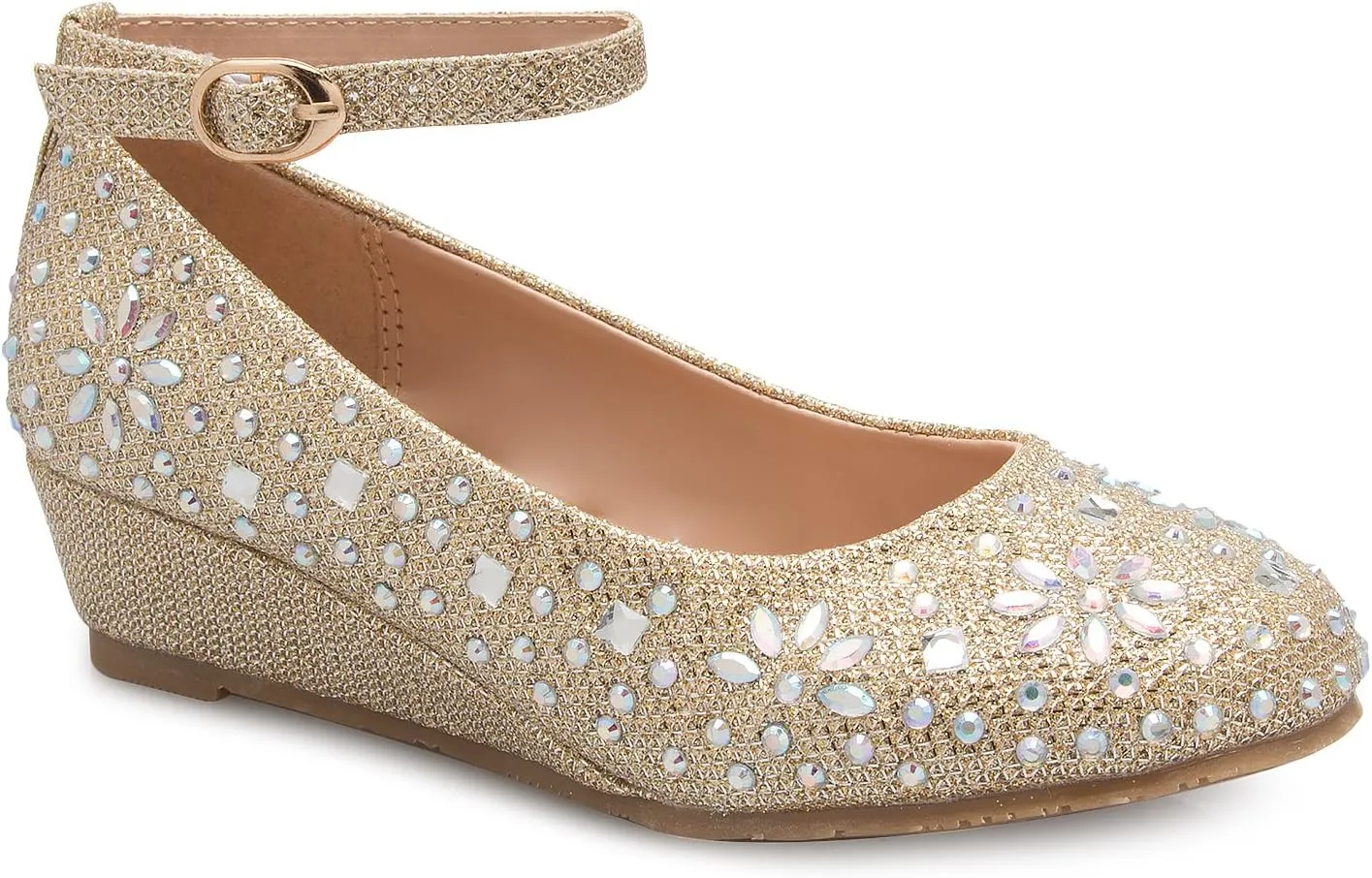Girl's Low Wedge Heel Ankle Strap Sparkly Rhinestone Shoes (Toddler/Little Girl)