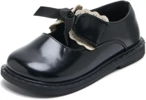 Girls Mary Jane Dress Shoes with Bow – Patent Leather Look School Uniform Flats with Hook and Loop Strap – Non-Slip Rubber Sole, Lightweight & Comfortable Formal Shoes for Kids