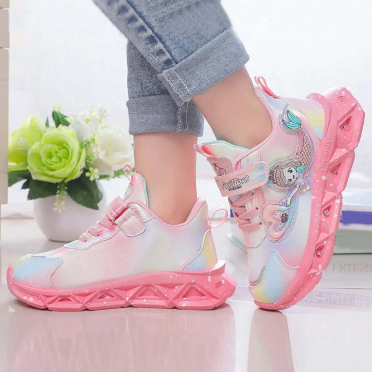 Girls’ Princess Shoes Slip On Light-Up Sneakers Mermai𝐝 Shoes Breathable Mesh Sneakers Toddler Girl Tennis Shoes