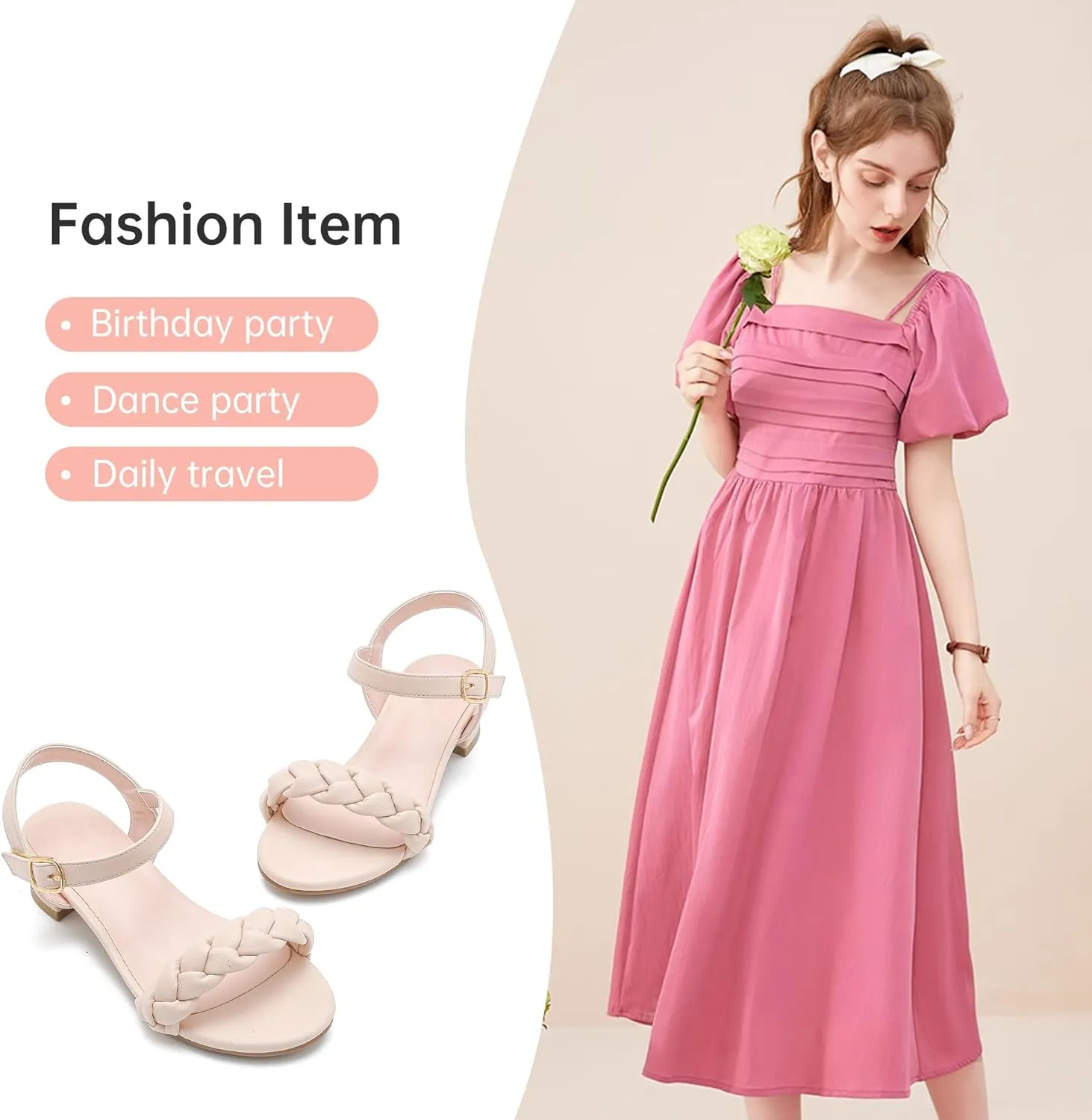 Girls Sandals Kids Heels Open Toe Ankle Strap Dress Shoes Flower Wedding Party for Toddler Little Big Kid