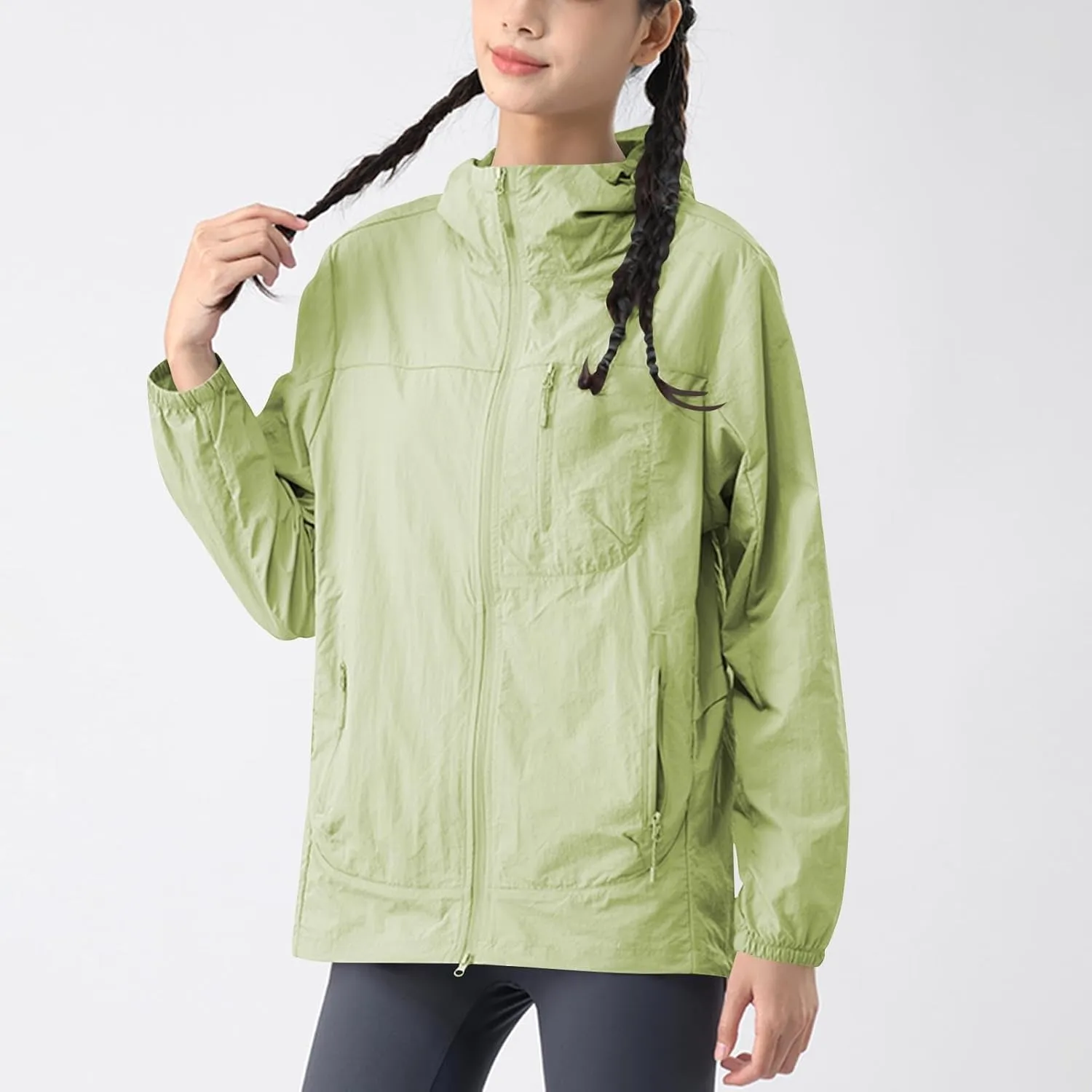 Gorgeous Unisex Solid Color UV Sunscreen Clothing Coat Lightweight Seaside Wear Hooded Zipper Long Sleeved Jacket