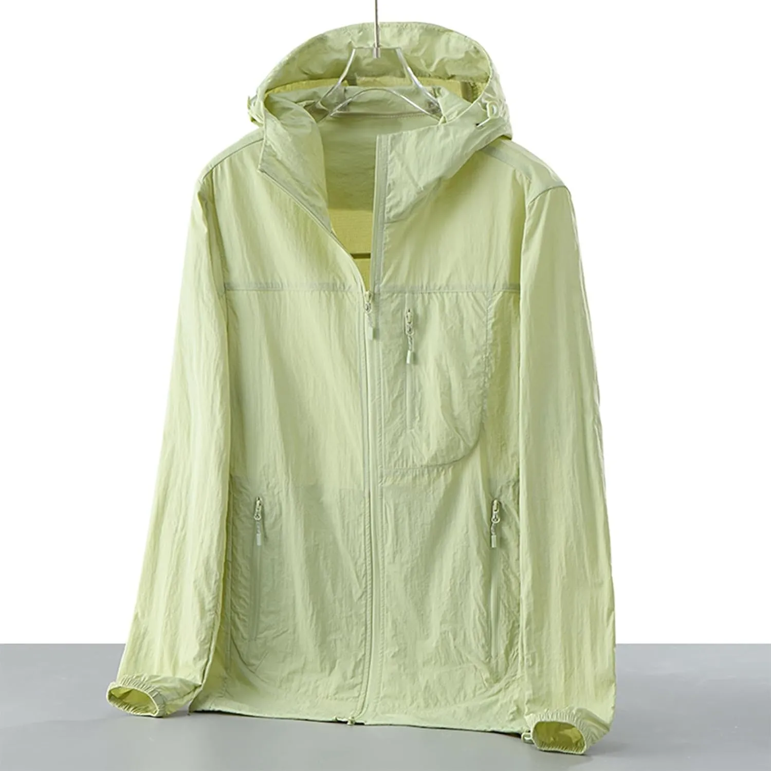 Gorgeous Unisex Solid Color UV Sunscreen Clothing Coat Lightweight Seaside Wear Hooded Zipper Long Sleeved Jacket