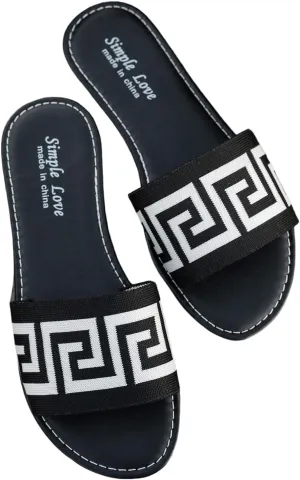 GORGLITTER Women's Geometric Print Knitted Flats Open Toe Slip On Dressy Vacation Sandals