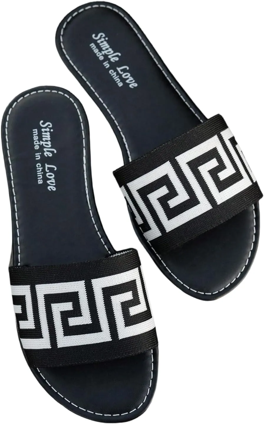 GORGLITTER Women's Geometric Print Knitted Flats Open Toe Slip On Dressy Vacation Sandals
