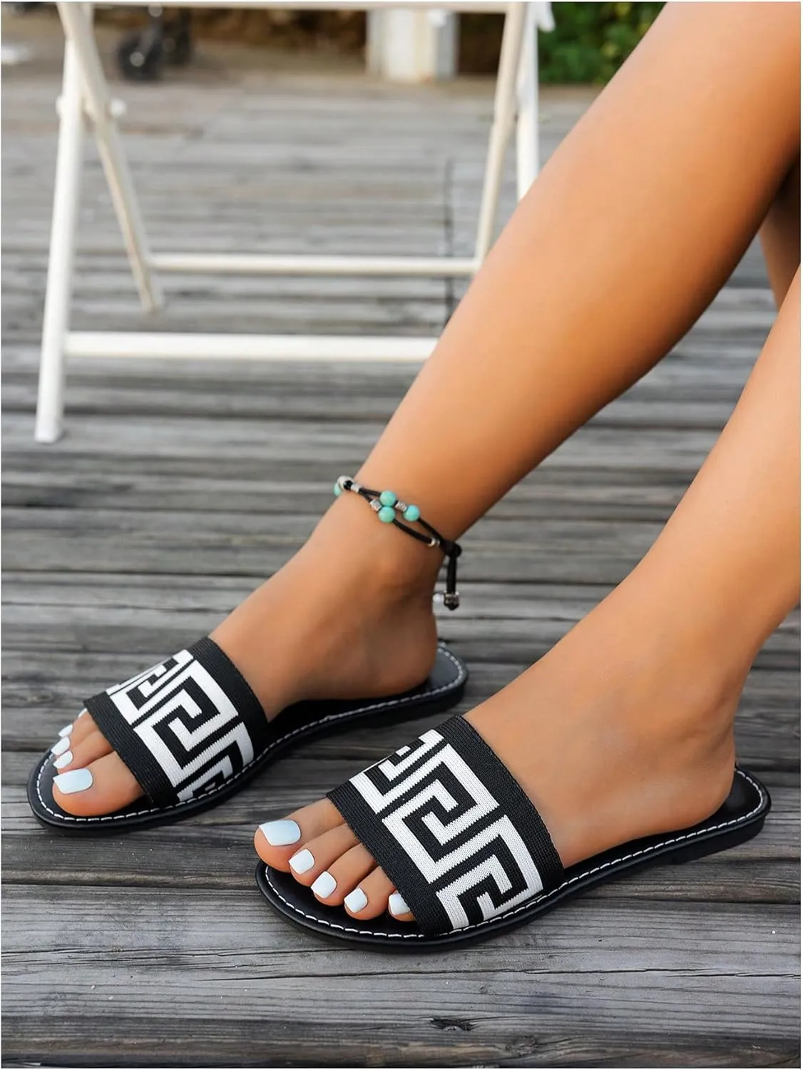 GORGLITTER Women's Geometric Print Knitted Flats Open Toe Slip On Dressy Vacation Sandals