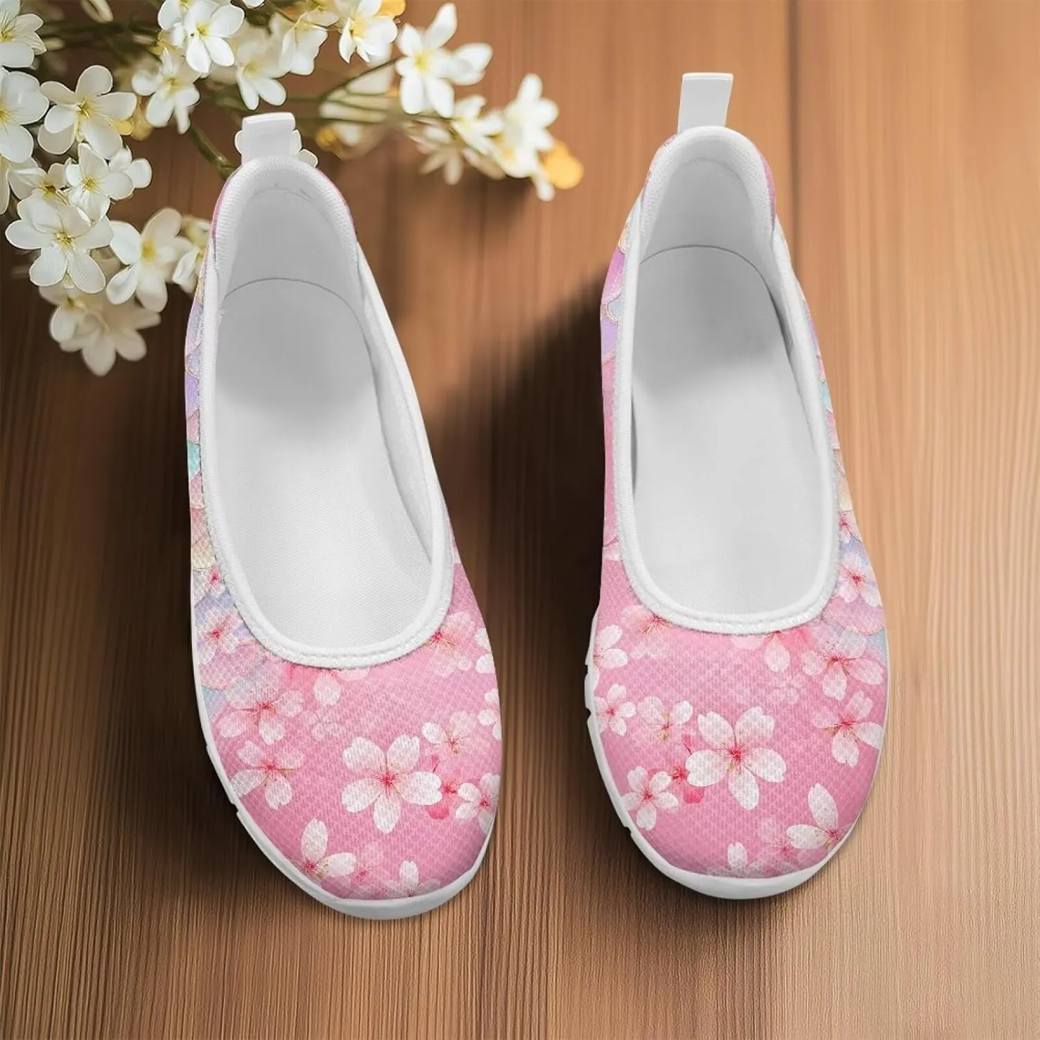 GOSTONG Women's Flowers Print Flats Mesh Shoes Slip On Round Toe Casual Loafers Lightweight Comfort Walking Travel Shoes White Sole Size 6-11