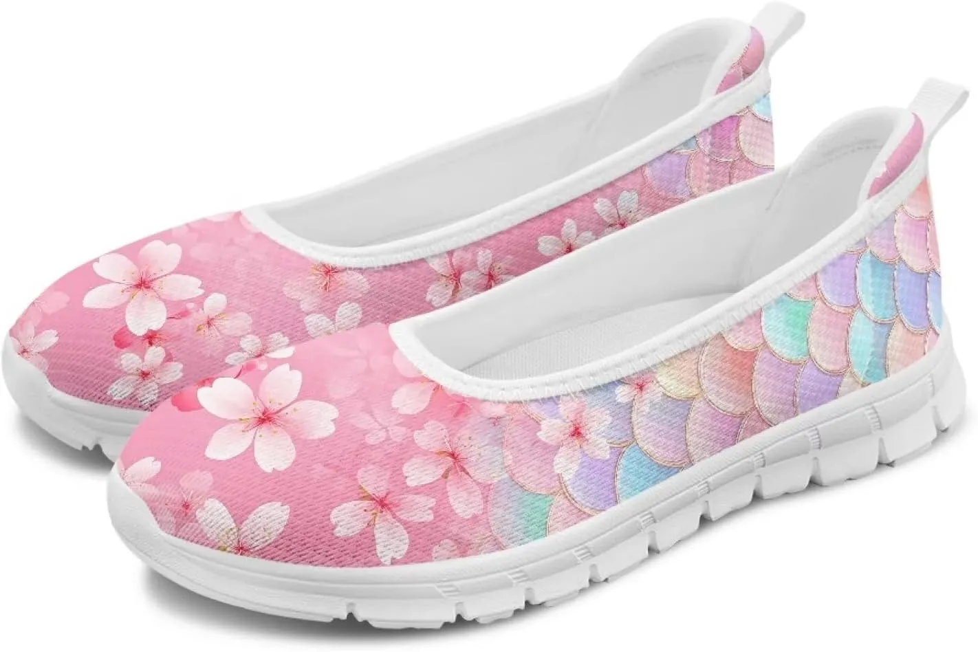 GOSTONG Women's Flowers Print Flats Mesh Shoes Slip On Round Toe Casual Loafers Lightweight Comfort Walking Travel Shoes White Sole Size 6-11