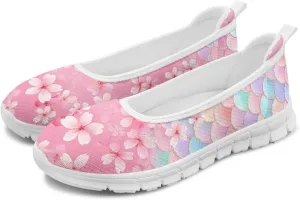 GOSTONG Women's Flowers Print Flats Mesh Shoes Slip On Round Toe Casual Loafers Lightweight Comfort Walking Travel Shoes White Sole Size 6-11