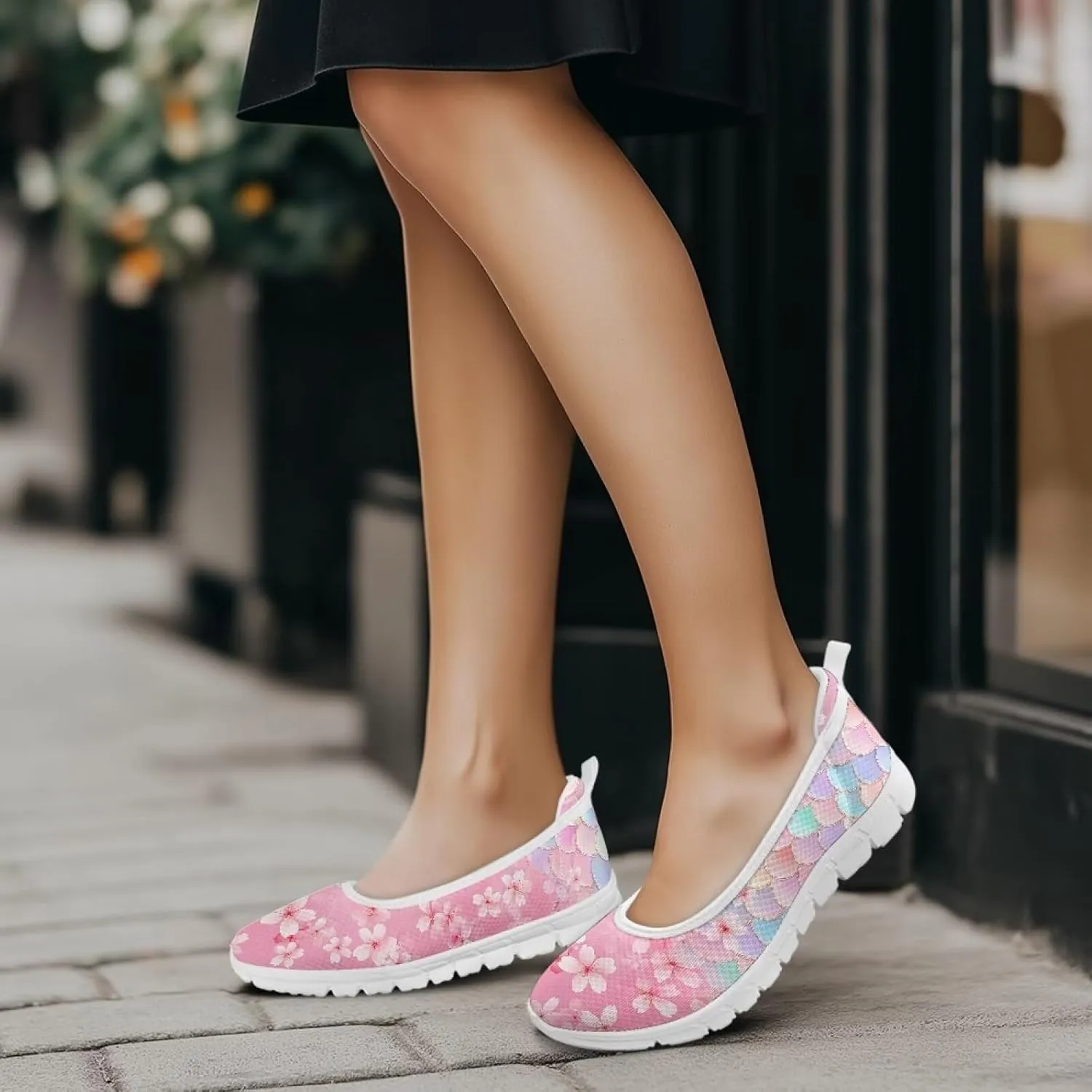 GOSTONG Women's Flowers Print Flats Mesh Shoes Slip On Round Toe Casual Loafers Lightweight Comfort Walking Travel Shoes White Sole Size 6-11