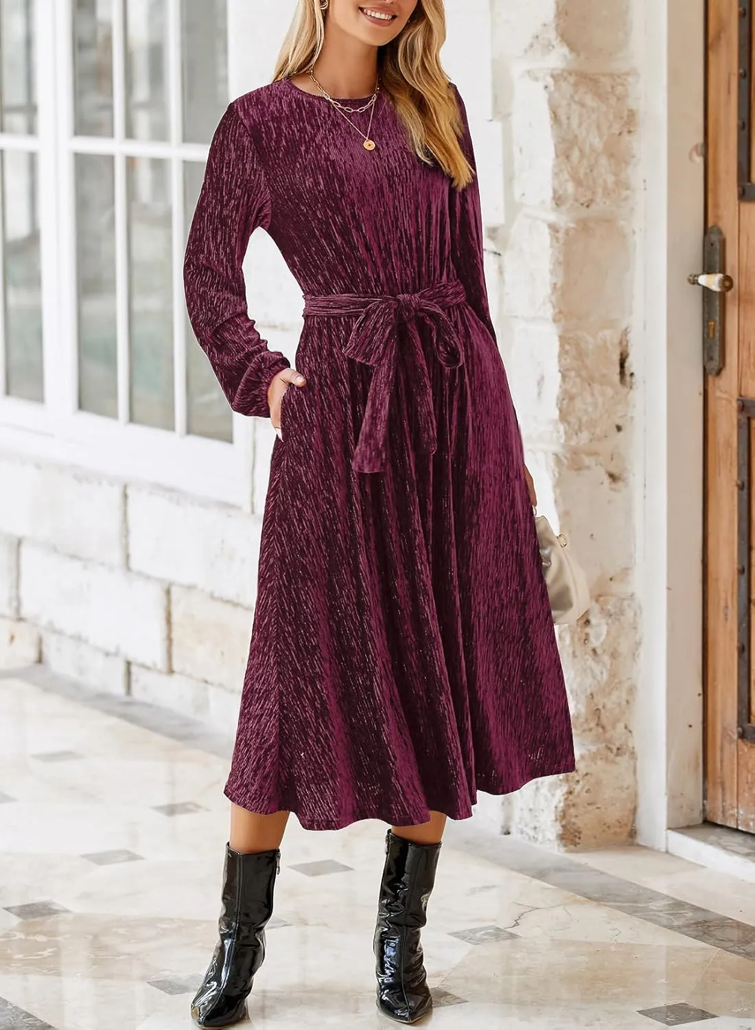 Happy Sailed Women's Velvet Dress Fashion Spring Lantern Sleeve High Waist A-Line Long Formal Party Dresses
