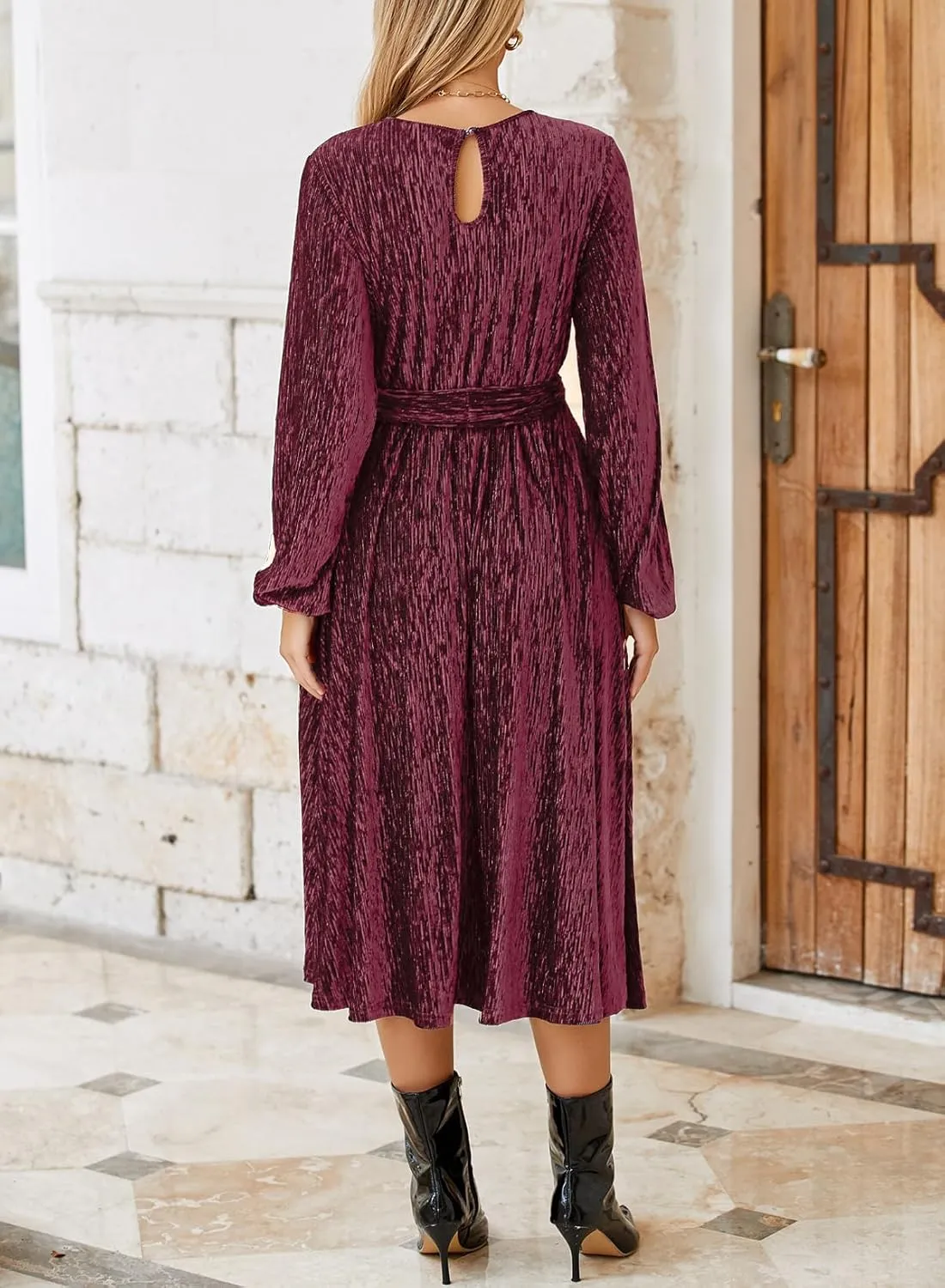 Happy Sailed Women's Velvet Dress Fashion Spring Lantern Sleeve High Waist A-Line Long Formal Party Dresses