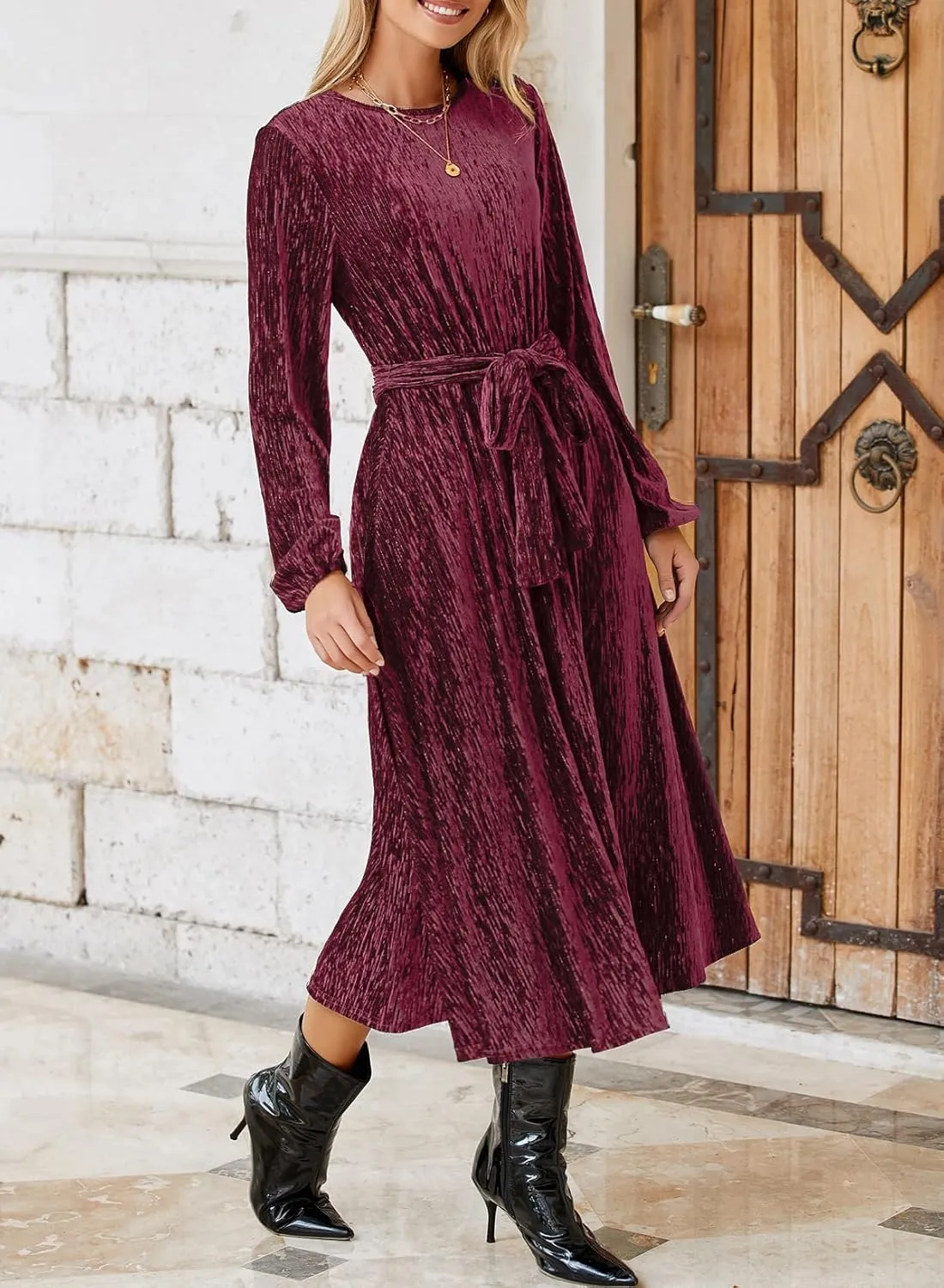 Happy Sailed Women's Velvet Dress Fashion Spring Lantern Sleeve High Waist A-Line Long Formal Party Dresses