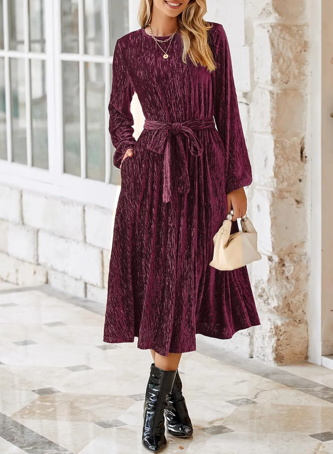 Happy Sailed Women's Velvet Dress Fashion Spring Lantern Sleeve High Waist A-Line Long Formal Party Dresses