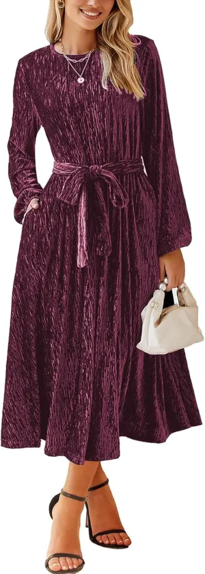 Happy Sailed Women's Velvet Dress Fashion Spring Lantern Sleeve High Waist A-Line Long Formal Party Dresses