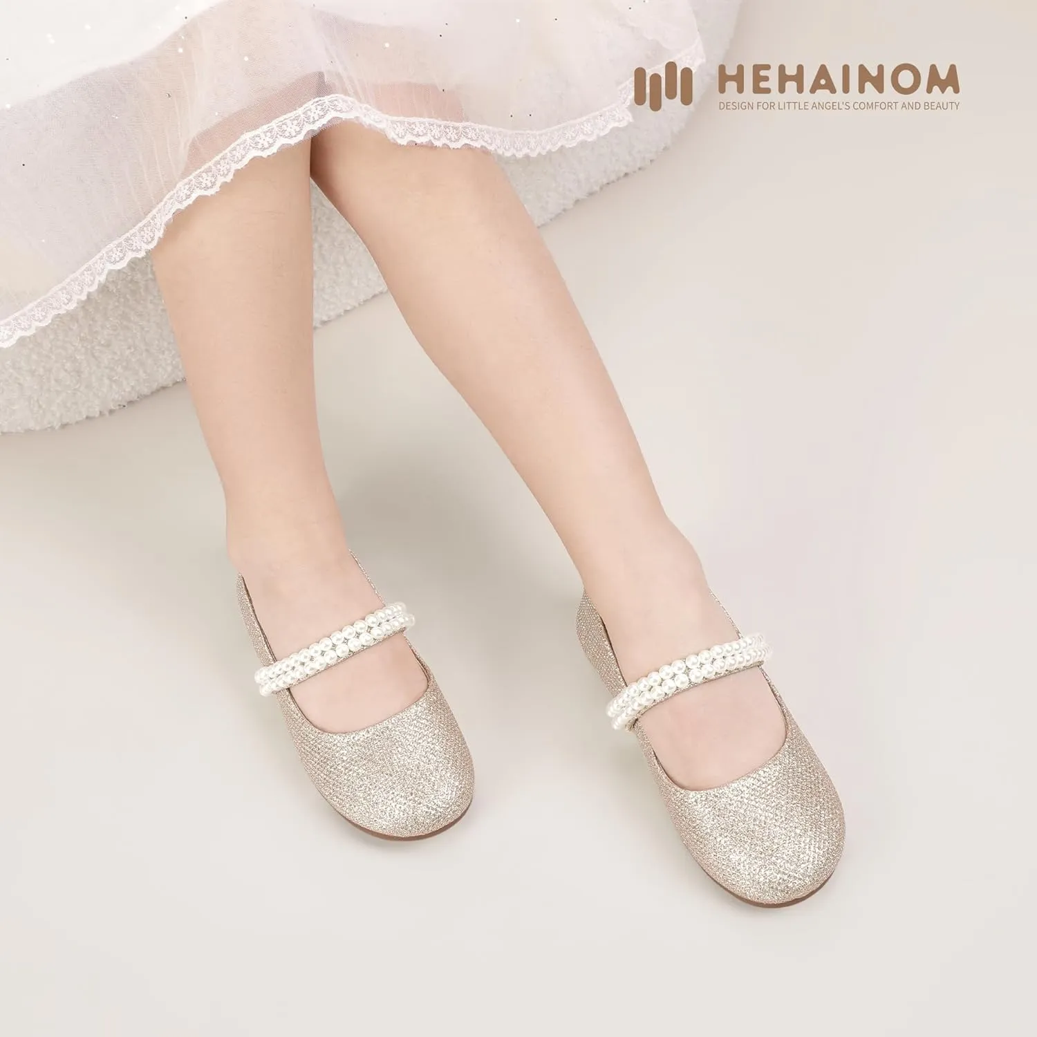 Hehainom Toddler Flower Girls Dress Shoes, Mary Jane Princess Ballet Flats with Bow and Peals for Party School