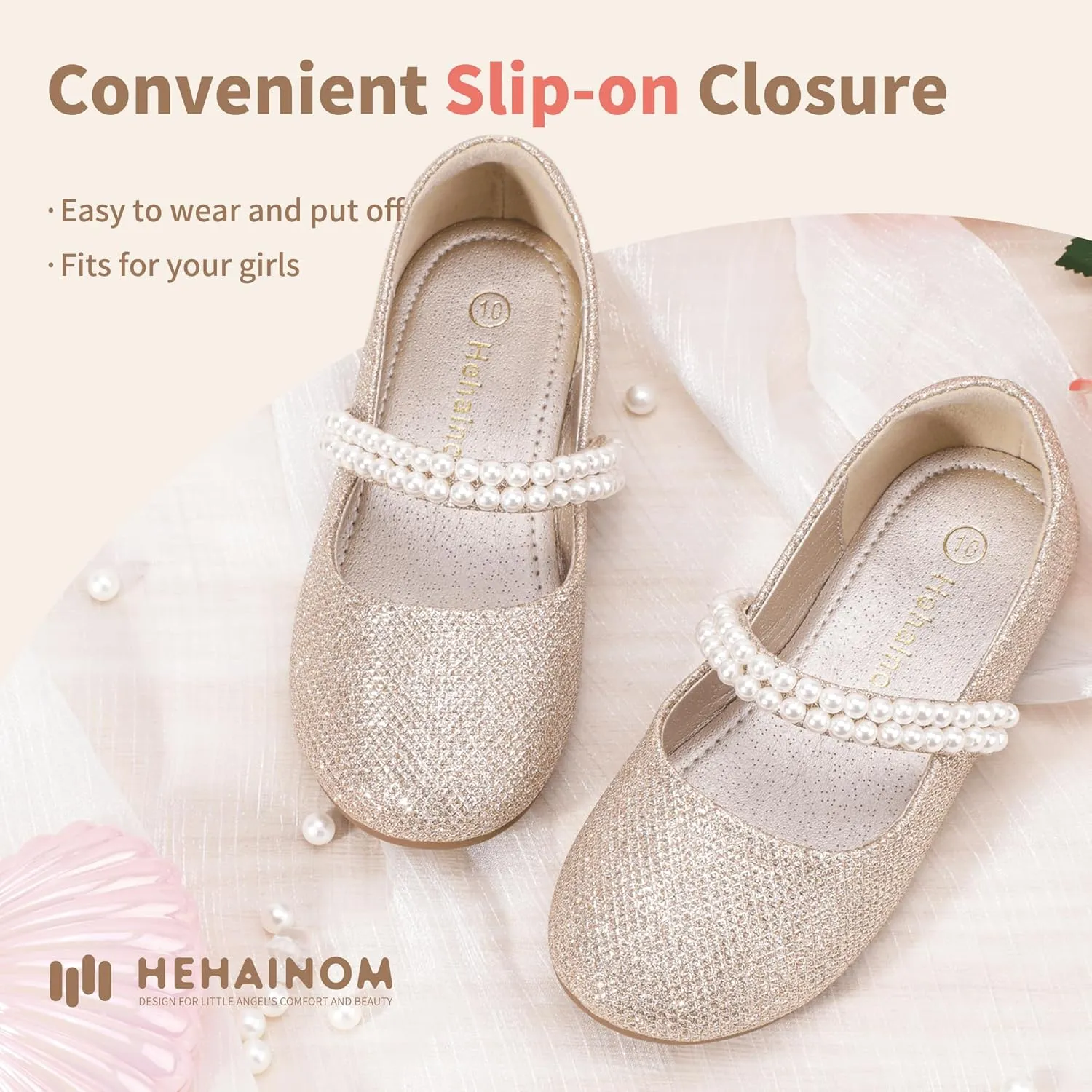 Hehainom Toddler Flower Girls Dress Shoes, Mary Jane Princess Ballet Flats with Bow and Peals for Party School