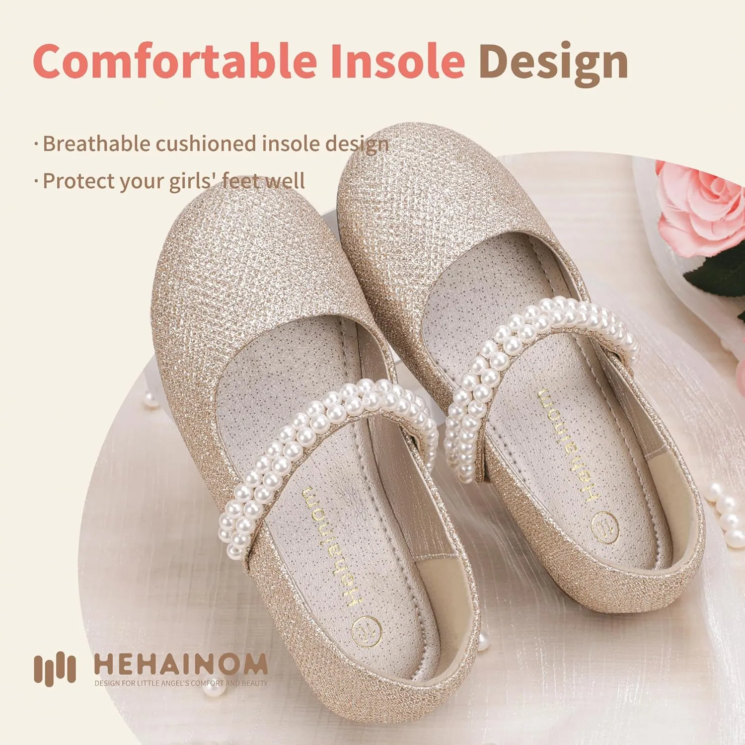 Hehainom Toddler Flower Girls Dress Shoes, Mary Jane Princess Ballet Flats with Bow and Peals for Party School