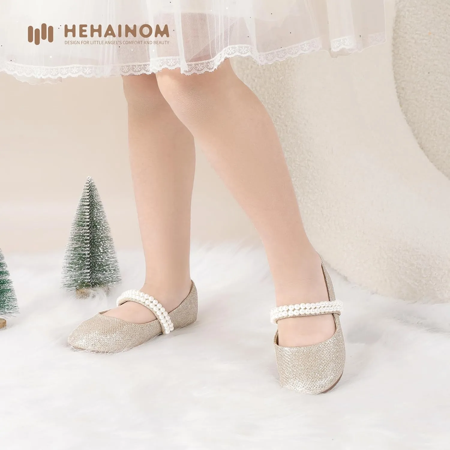 Hehainom Toddler Flower Girls Dress Shoes, Mary Jane Princess Ballet Flats with Bow and Peals for Party School