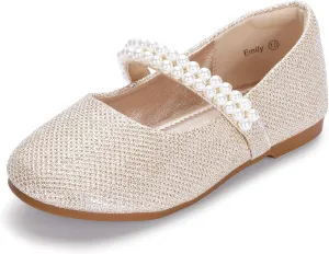 Hehainom Toddler Flower Girls Dress Shoes, Mary Jane Princess Ballet Flats with Bow and Peals for Party School