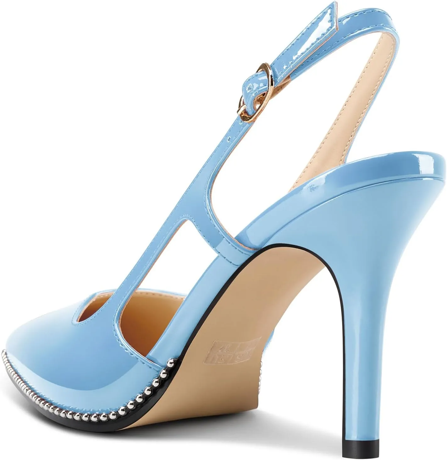 HEUIVZAR Womens Beaded Pumps Slingback Stiletto High Heels Pointed Toe Slip-on Sandals Adjustable Buckle Pearls Patent Leather Dress Shoes 3.5 Inches Heels